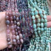 Турмалин, флюорит, амазонит, галтовка, 6-14 мм, нить