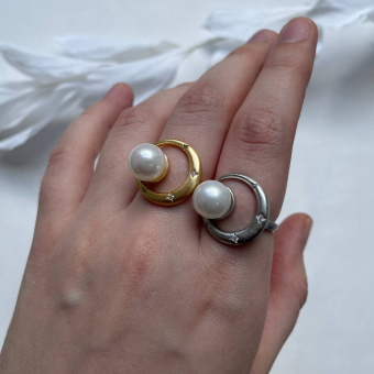 Кольцо "Луна" с жемчугом Майорка и циркониями, регулируемое