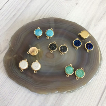 Коннекторы круглые, Друза кварца, 12мм. позолота 24К.