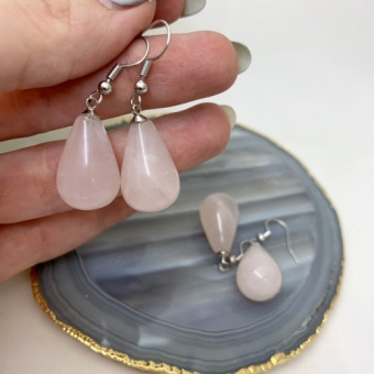 Серьги, розовый кварц, капля 15*20мм